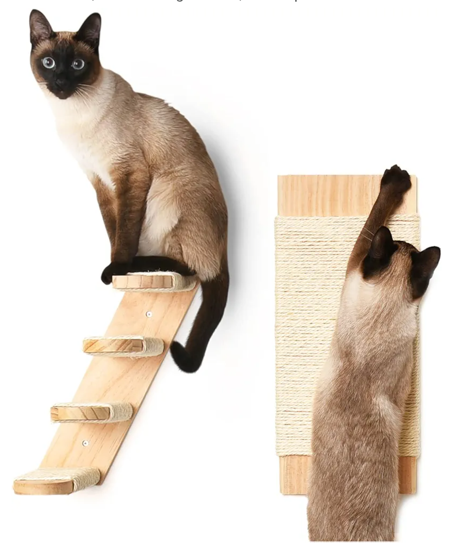 Cat Wall Shelves - Four Step Cat Shelf with Scratch Board, Mounted Cat Shelves, Sturdy Cat Wall Furniture for Indoor Cats