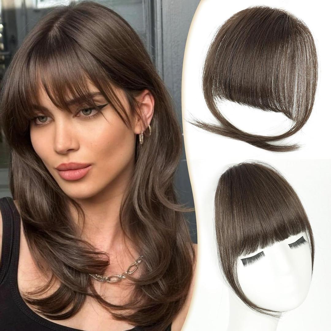 Clip in Bangs Real Human Hair,medium brown Bangs Hair Clip on Fake Bangs with Temples for Women Daily Wear(medium brown)