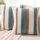 Boho Throw Pillow Covers 18x18 Set of 2 Farmhouse Decorative Cushion Case Striped Square Pillows Cover Chenille Pillow Cases Accent Neutral Pillowcase for Sofa Couch Bed,Blue (18" x 18" (Pack of 2), Blue Stripe)