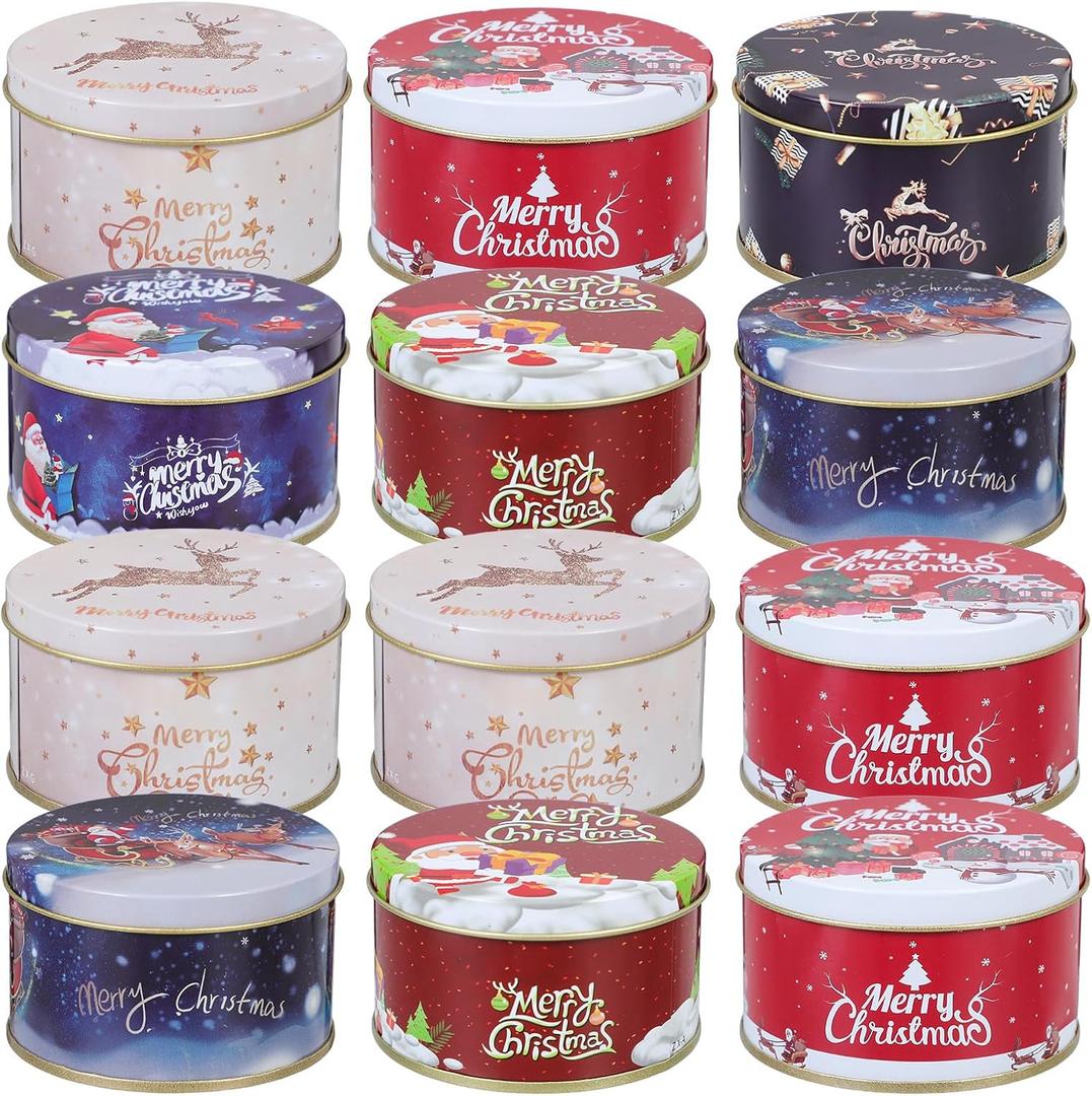 Christmas Cookie Tins Set of 12 Round Nesting Tins, Christmas Tin Box Decorative Christmas Metal Tins with Lids, Holiday Containers Tinplate Boxes for Xmas Holiday Party Supplies