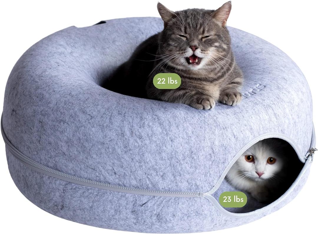 Cattasaurus Peekaboo Cat Cave for Multiple & Large Cats Up to 30-45 Lbs, Scratch Detachable & Washable Tunnel Bed, Comfy Donut Cat Cave (Light Gray, Large) 