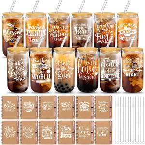 Skylety 36 Pcs Teacher Appreciation Gift Set for Women Thank You Inspirational 16 Oz Glass Cup with A6 Journal Notebook and Glitter Ballpoint Pen for Christmas Graduation School Supplies(Fresh)