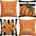 2 x Artscope Fall Decorative Throw Pillow Covers 20x20 Inch Set of 4 Fall Gifts for Home Decor, Striped Autumn Pumpkin Maple Leaves Harvest Decoration Pillow Cases for Home Sofa Couch Decor-Orange B