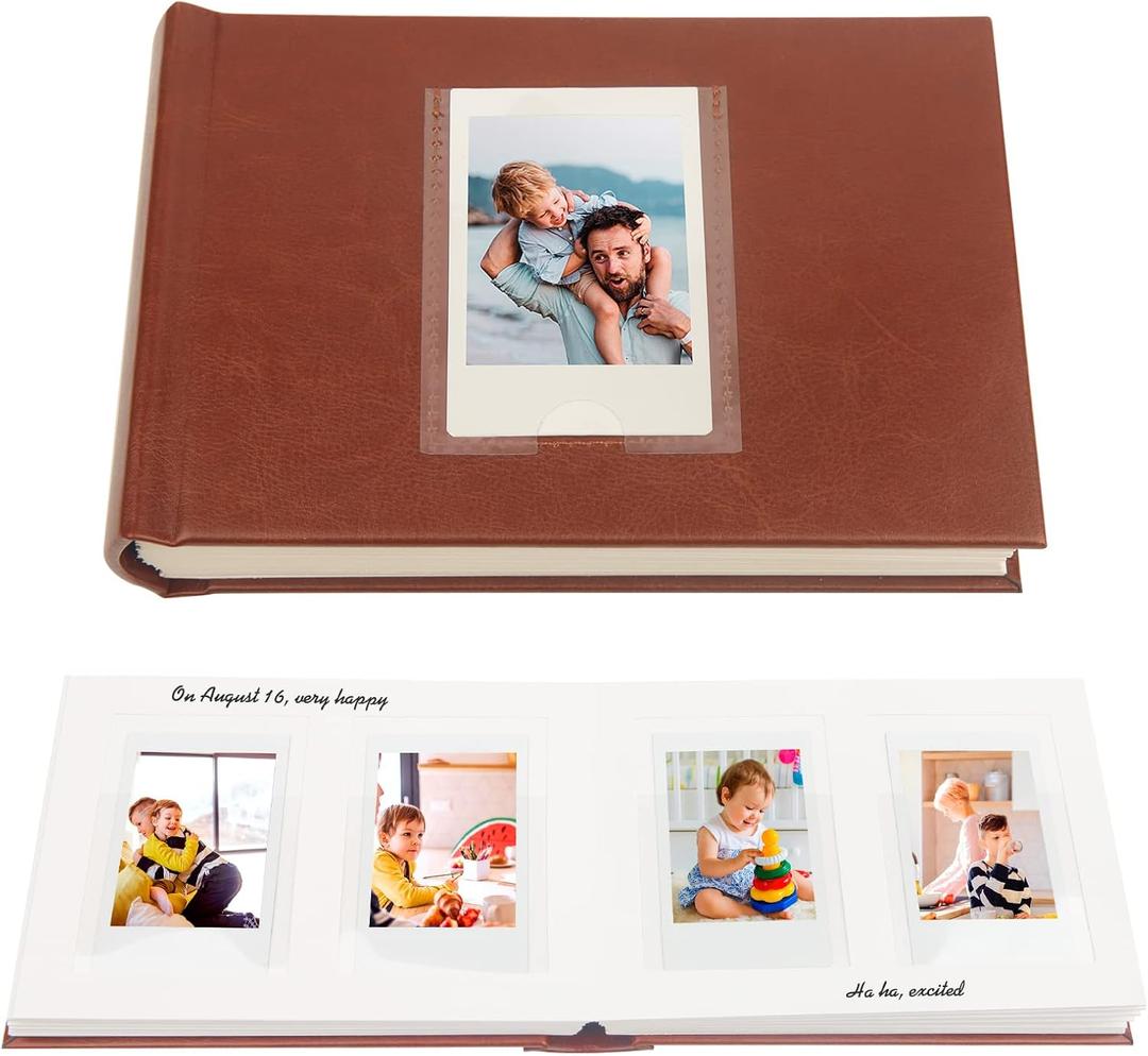 Veicevol Photo Album with Writing Space for Fujifilm Instax Mini 12 11 9 40 90 8 7 Evo Liplay Instant Camera, 64 Pockets Photo Album for Polaroid, Leather Cover Handmade Paper 2x3 Photo AlbumBrown