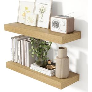 Heimlove 24 Inch Floating Shelves for Wall Oak Shelves Set of 2,Wall Mounted Rustic Wood 8 Inch Deep Floating Shelf with Invisible Brackets for Bedroom Kitchen Living Room