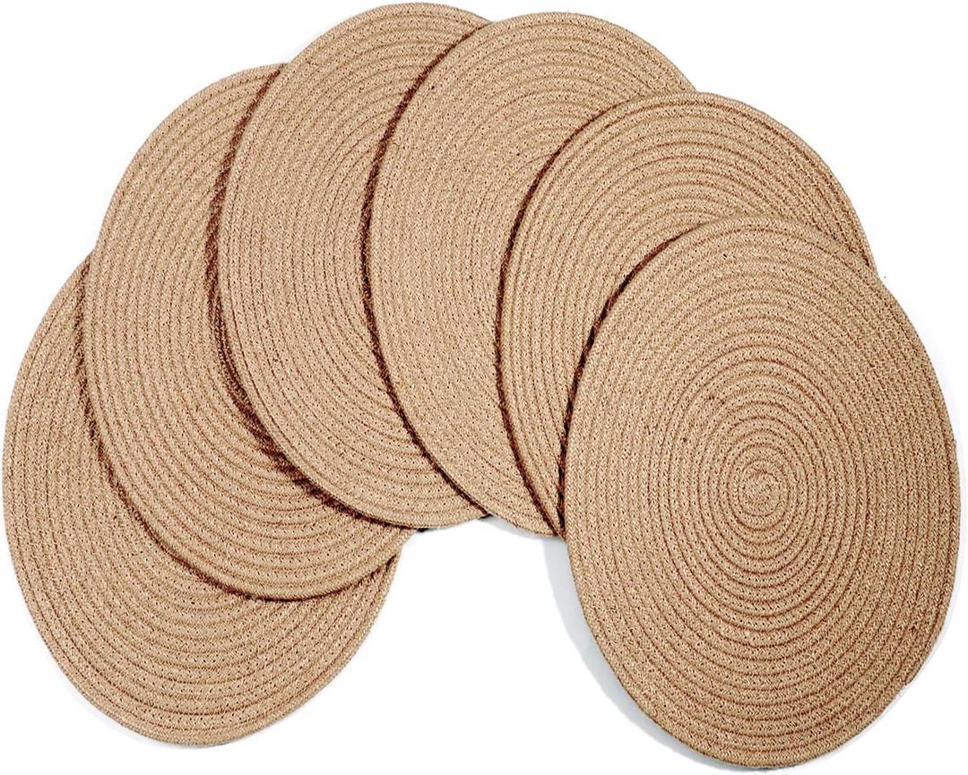 Placemats Set of 6, Round Braided Tablemats Natural Jute Handmade Woven Plate Chargers Heat Resistant Non-Slip Potholder for Table Decoration(13 inch)