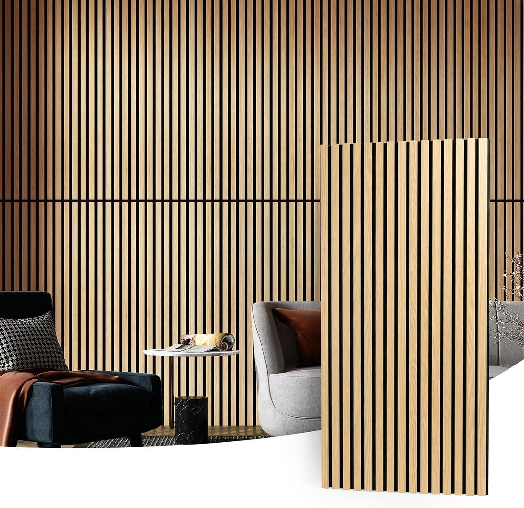 Art3d 2 Wood Slat Acoustic Panels for Wall and Ceiling - 3D Fluted Sound Absorbing Panel with Wood Finish - Oak, 2pcs - 47.223.6in.