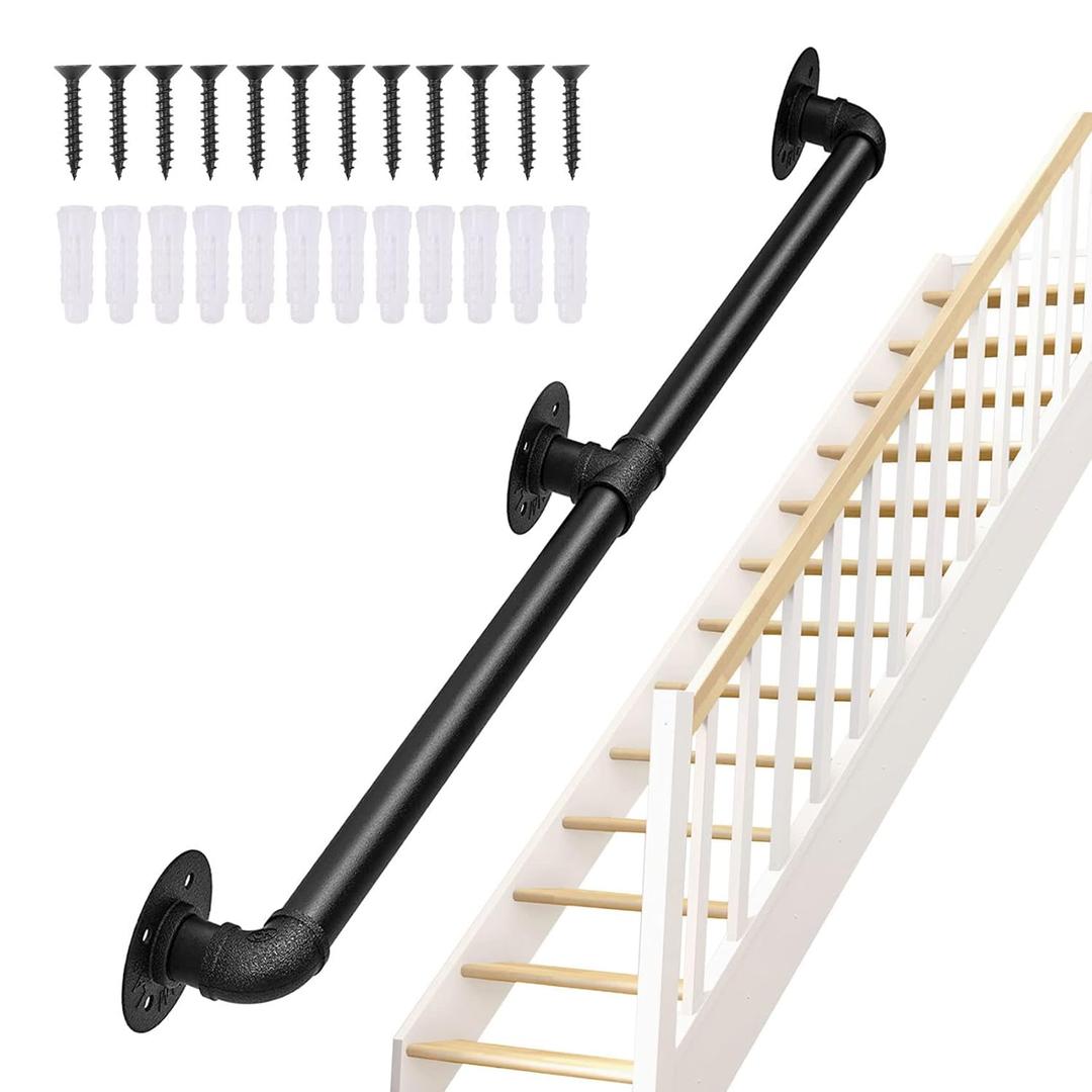 Seeutek Staircase Handrails 4FT Handrails for Indoor Stairs Stair Railing Hand Railings for Stairs Metal Railing Black Wrought Iron Pipe Handrail with Wall Mount Support