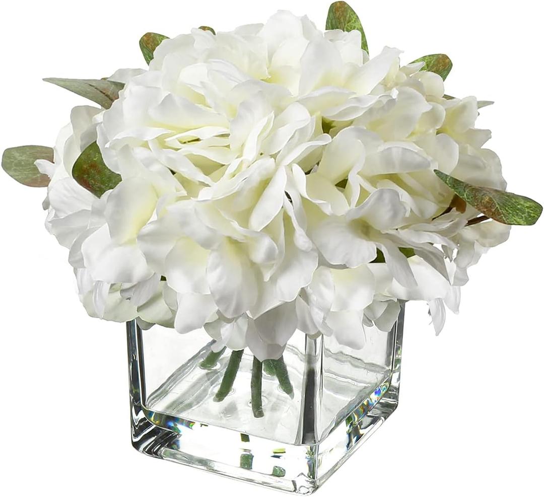 Fake Flowers with Vase Hydrangea Artificial Flowers in Vase Peony Faux Flowers in Vase Rose Silk Flowers Peonies Floral Arrangements Artificial with Vase for Home Bathroom Office Table Shelf Decor (White #04)