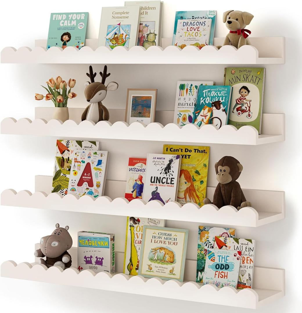 Nursery Book Shelves, 4-Pack White Floating Shelves for Wall Kids, Scalloped Shelves, Wall Book Shelves for Bedroom Kids, Toddler Room, Baby Room, Nursery Decor (23 Inches)