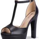 IDIFU Women's IN5 Polly Platform Chunky High Heels T-Strap Sexy Sandals Peep Toe Wedding Party Prom Dress Shoes for Women Bride (7, Black Pu)
