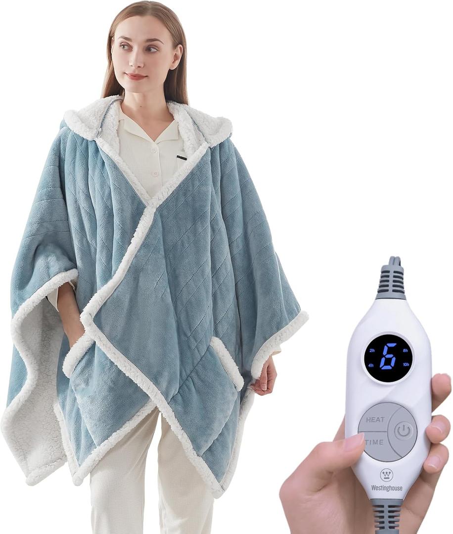 Westinghouse Wearable Heated Throw Blanket, Electric Heated Wrap Poncho Shawl with Pockets, 6 Heating Levels & 2 to 10 Hours Time Settings, 50 x 60 Inch, Light Blue