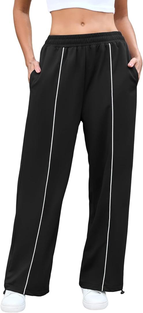 ZAFUL Womens Side Striped Pant Baggy Wide Leg Sweatpants Elastic Waisted Contrast Stripes Loose Fit Trousers (L)