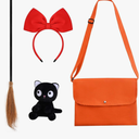Kavoc 4 Pcs Witch Halloween Cosplay Costume for Women Red Bowknot Headband Orange Bag Wizard Flying Broom and Black Cat Doll Dress up Witch Anime Costume Accessories