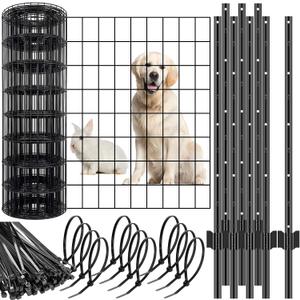 109 Pcs Black PVC Coated Wire Fence 2 x 50 ft, 2 x 3 Inch 16ga, Garden Fencing Roll and 3 ft Metal Fence Garden Fences T Posts and 8 in Zip Ties Cable Ties for Lawn Poultry Plant