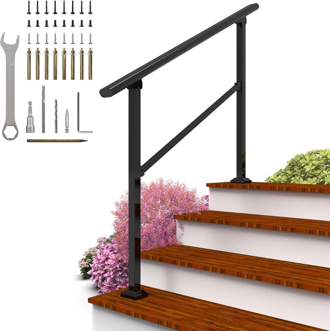 Arti-Life Hand Rails for Outdoor Steps,Railings for Outdoor Steps,3 Step Handrails for Outdoor Steps,Porch Handrail Wrought Iron Railing Kit for Concrete,Brick,Wood Steps