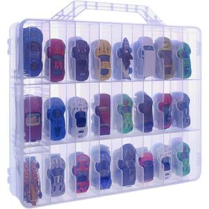 Double Sided Toy Car & Doll Storage Case - 48 Compartments, Portable Transparent Case