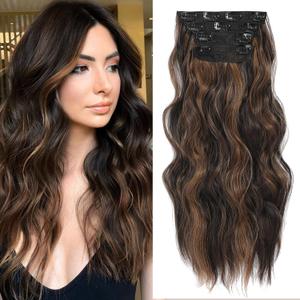 NAYOO 4PCS Clip in Hair Extensions Long Wavy Curly Synthetic Thick Hairpieces for Women with Fiber Double Weft Hair Full Head（20 inch, Balayage Dark Brown to Chestnut）