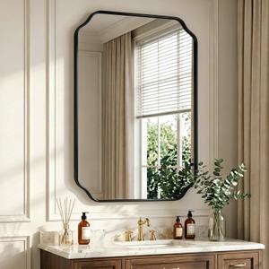 32"x24" Black Wall Bathroom Mirror, Scalloped Edge Vanity Mirror