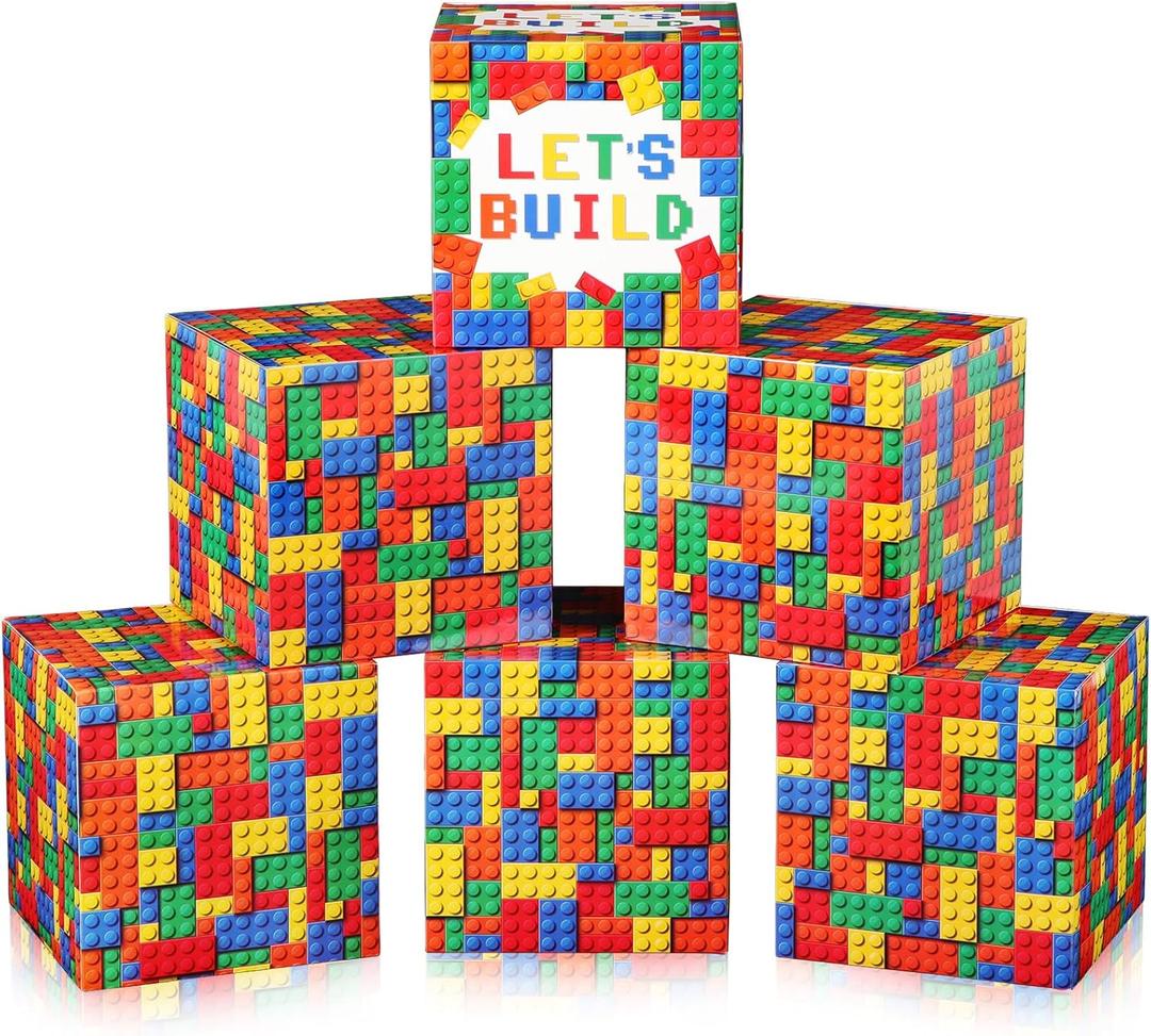 6 Pcs Large Building Block Party Decorations Boxes, 12 Inch Brick Theme Cardboard Box Backdrop Props Boxes for Building Block Birthday Party Decorations