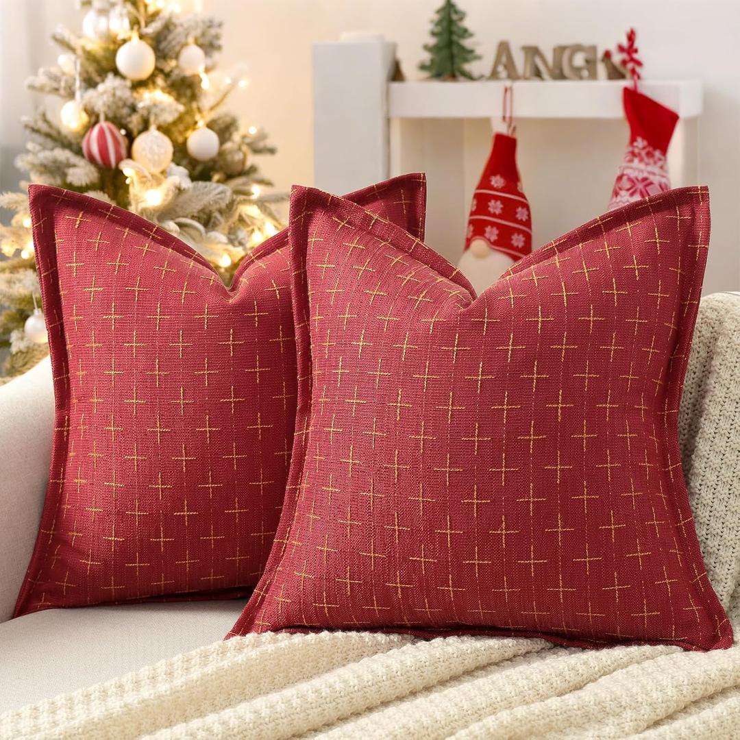 ZWJD Christmas Pillow Covers 20x20 Set of 2 Soft Polyester Textured Pillowcases with Stylish Flange Edge Cozy Farmhouse Christmas Pillows for Couch Bed Sofa Living Room (Red)