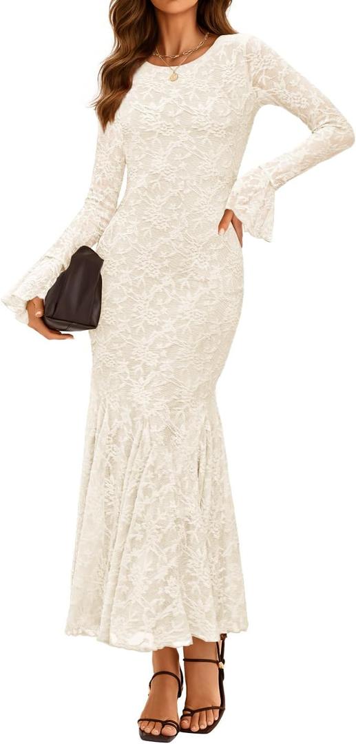 ZESICA Women's Long Sleeve Bodycon Maxi Dress 2026 Fall Fashion Floral Sexy Mermaid Wedding Guest Cocktail Party Dresses (Medium, Beige)