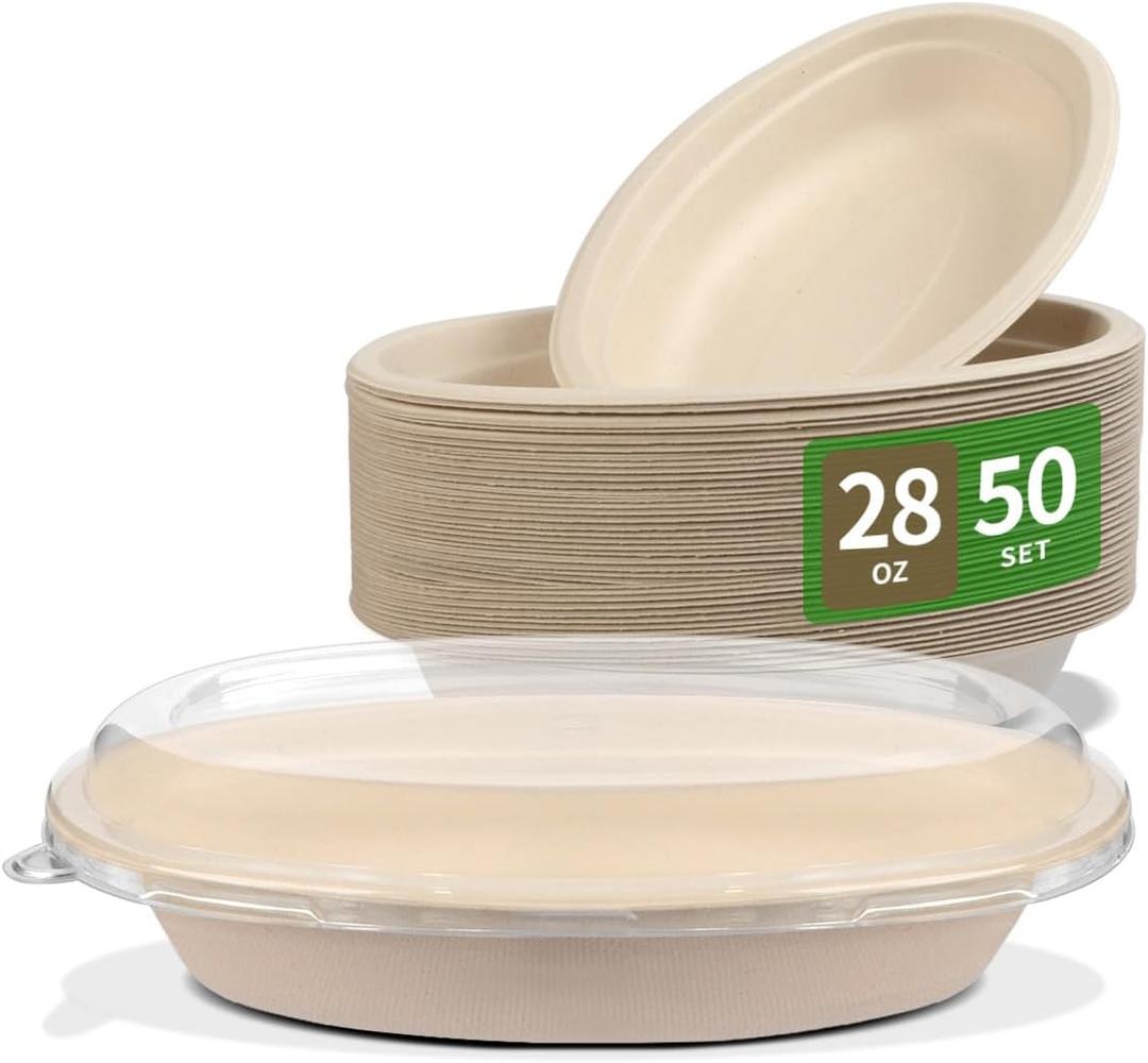 bloomoon 28 oz Oval Disposable Food Containers with Lids 50 Pack, Burrito Bowl Style Disposable Meal Prep Containers for Salad, Nacho, Taco, Pasta (50 Bowls 50 Lids)