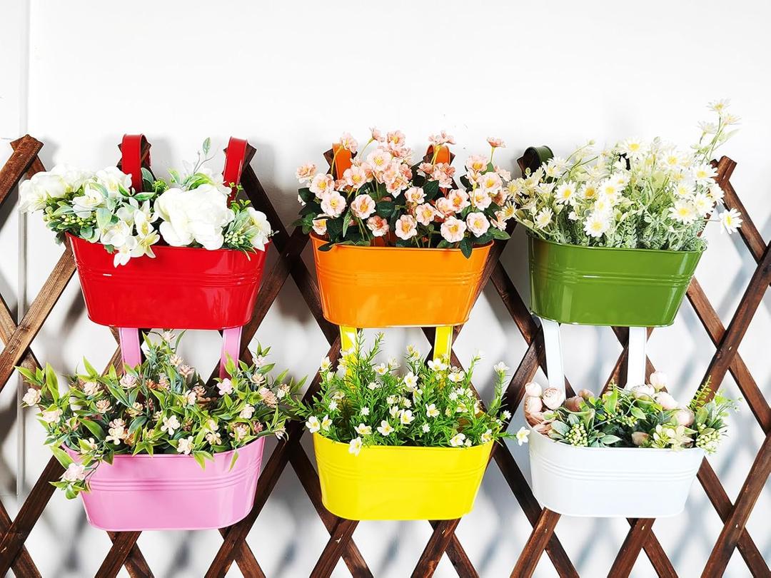 6 Pcs Railing Planter, 10" Metal Hanging Flower Pots for Outdoor Balcony Rails, Fence Pot Hanging Plant Holders with Detachable Hooks for Garden Patio Yard Decor (9.8", Pack of 6)