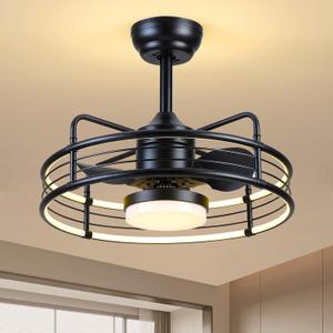Caged Ceiling Fan - Black Modern Ceiling Fans with Remote, Reversible and Dimmable, Low Profile Flush Mount Ceiling Fan with 6-Speed, Bladeless Enclosed Led Fan Light for Bedroom, Kitchen