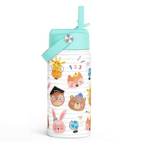 SANDJEST Animal Kids Water Bottle with Straw Lid 12oz Insulated Stainless Steel, Travel Tumbler, Gifts for Girls, Birthday, Christmas, Back to School