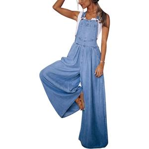 CHOUYATOU Women's Loose Adjustable Strap Wide Leg Denim Bib Overalls Baggy Distressed Jean Overalls Pants (Blue, M)