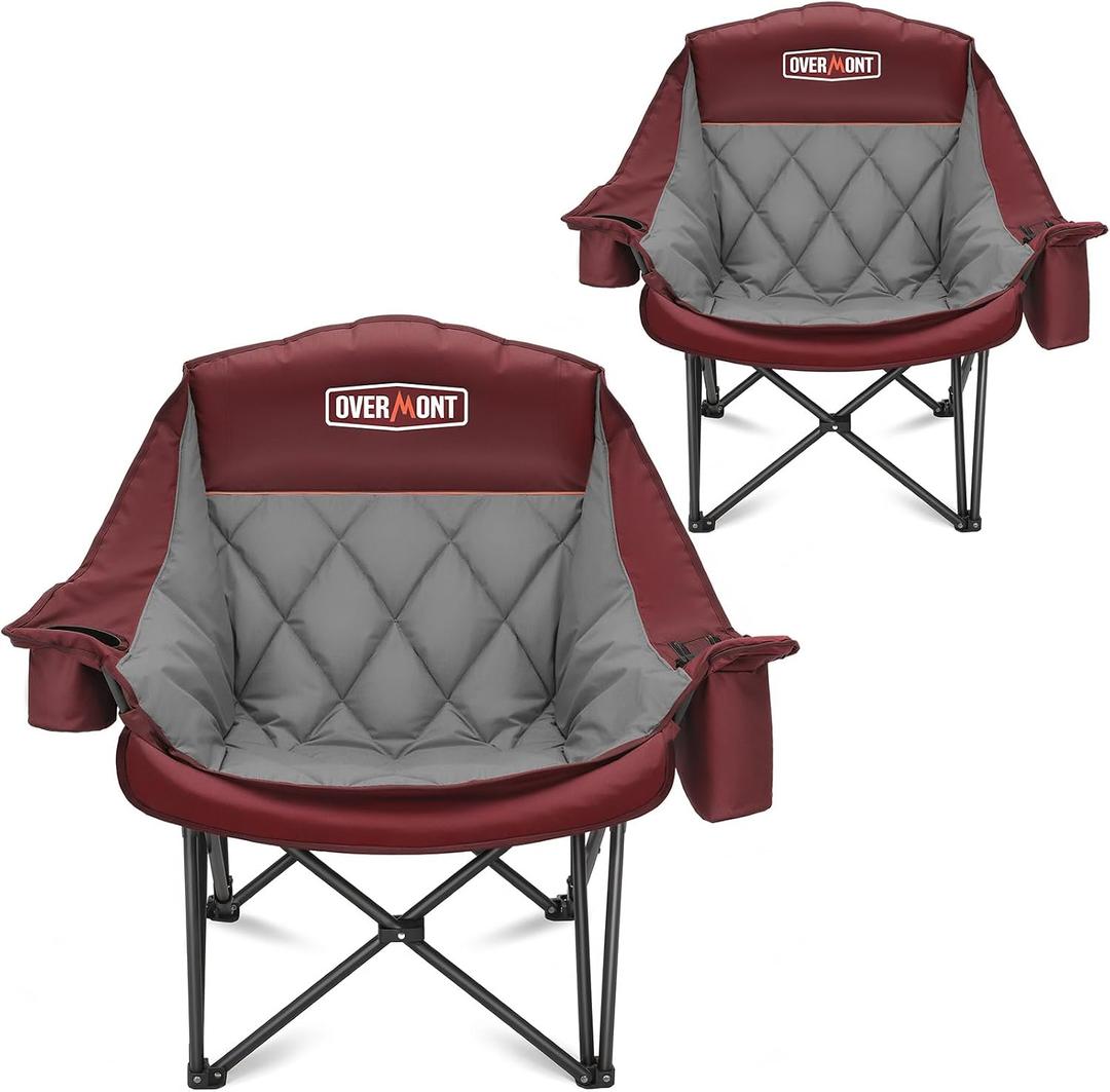 Overmont Oversized XL Camping Chair for Adults - 400lbs Support Heavy-Duty Padded Folding Chair with Side Pocket Cup Holder Cooling Bag for Outdoor Sports Garden Beach Fishing Lawn Red 2pcs