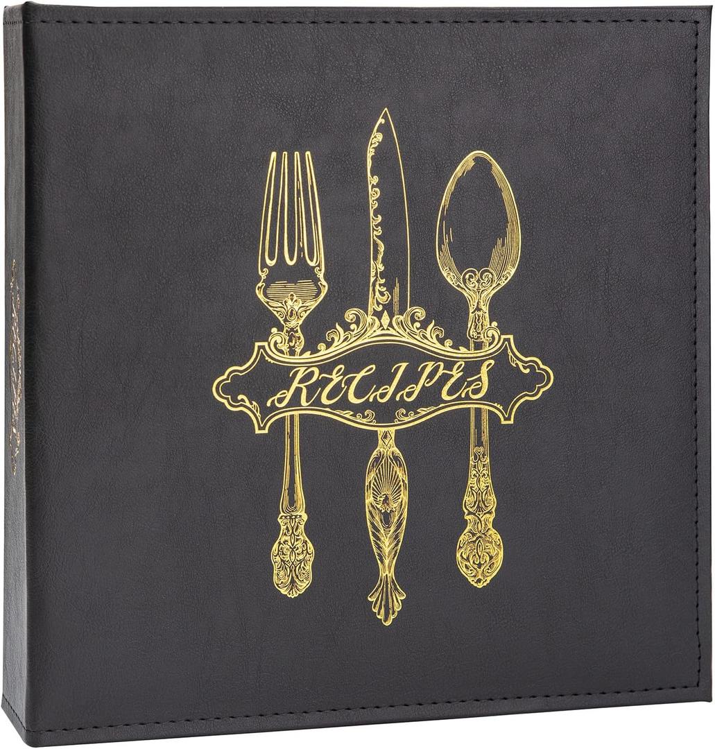 COFICE Recipe Binder  8.5x11 3 Ring Blank Family Recipe Book Binder Kit to Write in Your Own Recipes with PU Faux Leather Cover and Plastic Sleeves (Black)