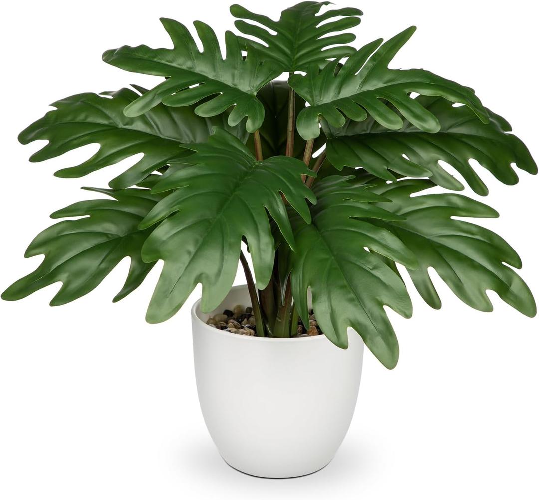 Hollyone Faux Monstera Plant Potted Artificial Monstera Deliciosa Plant Fake Tropical Plants in White Pot for Indoor Outdoor Home Desk Office Garden Farmhouse Decoration (Monstera #3)