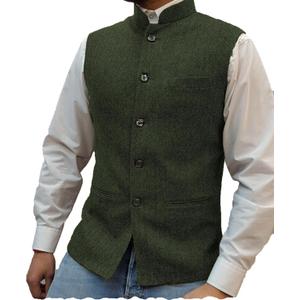 Tuikayoo Mens Herringbone Wool Vests Suit Business Tweed High Collar Waistcoats Slim Fit (M)