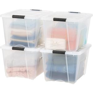 IRIS USA 51 L (54 QT) Plastic Storage Box with Lid and Latches - 4 Pack - BPA-Free, See-Through Organizing Solution, Durable Nestable Stackable Containers, Secure Pull Handle - Clear