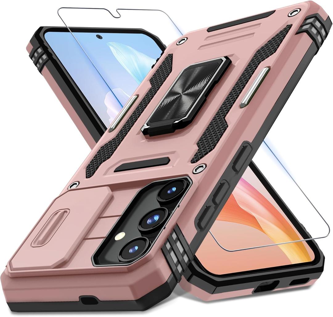 DEERLAMN Case for Samsung Galaxy S25 Plus/S24 Plus 6.7-Inch with Slide Camera Cover+Screen Protector(1 Pack), Rotated Ring Kickstand Military Grade Shockproof Protective Cover-Rose Gold