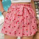 Verdusa Women's Plus Size Gingham Cherry Belted Shorts High Rise Summer Shorts with Pockets (Red, XL)