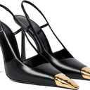 THESHY Womens Slingback High Heels Metal Pointed Toe Leather High Stiletto Heel Pumps Slip on Elastic Strap Fashion Dress Shoes for Women