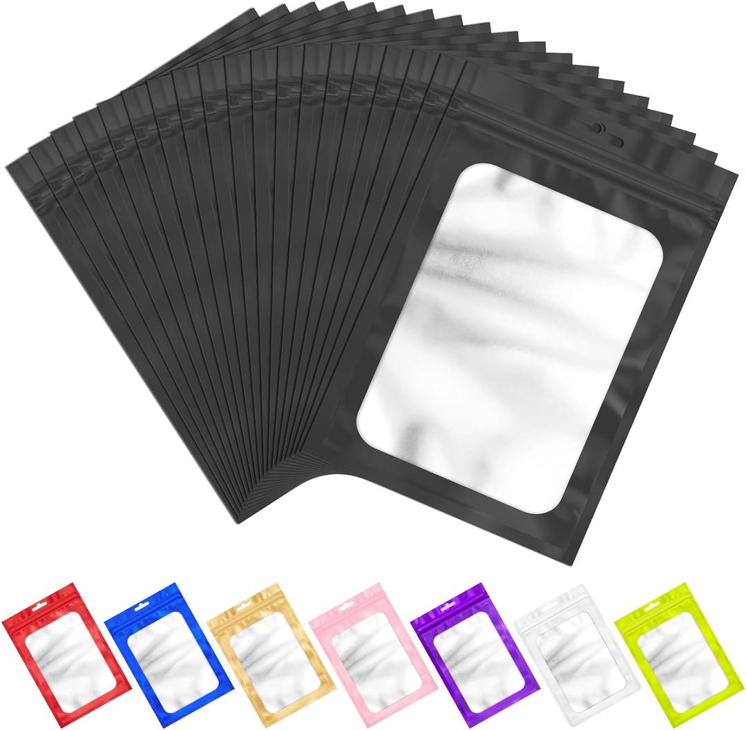 100 PCS Resealable Mylar Bags with Zipper and Frosted Clear Window Smell Proof Packaging Bag Foil Pouch Zipper Bags for Food Self Sealing Storage Supplies (Black, 3.14x5.11")