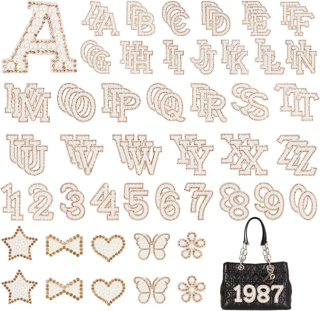 108Pcs Self Adhesive Pearl Letter Patches (A-Z),Number Patch 0-9,Glitter Pearl Letter Patches Rhinestone Applique for DIY Clothes, Bags, Shoes Golden