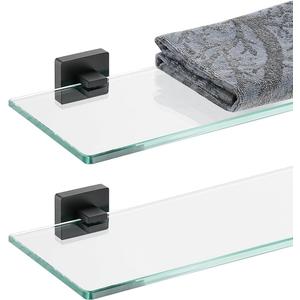 JQK Bathroom Glass Shelf Black, Tempered Glass Shower Storage 20 by 5 inches, 304 Stainless Steel Matte Black Wall Mount 2 Pack 2 Pack, TGS201L20-PB-P2