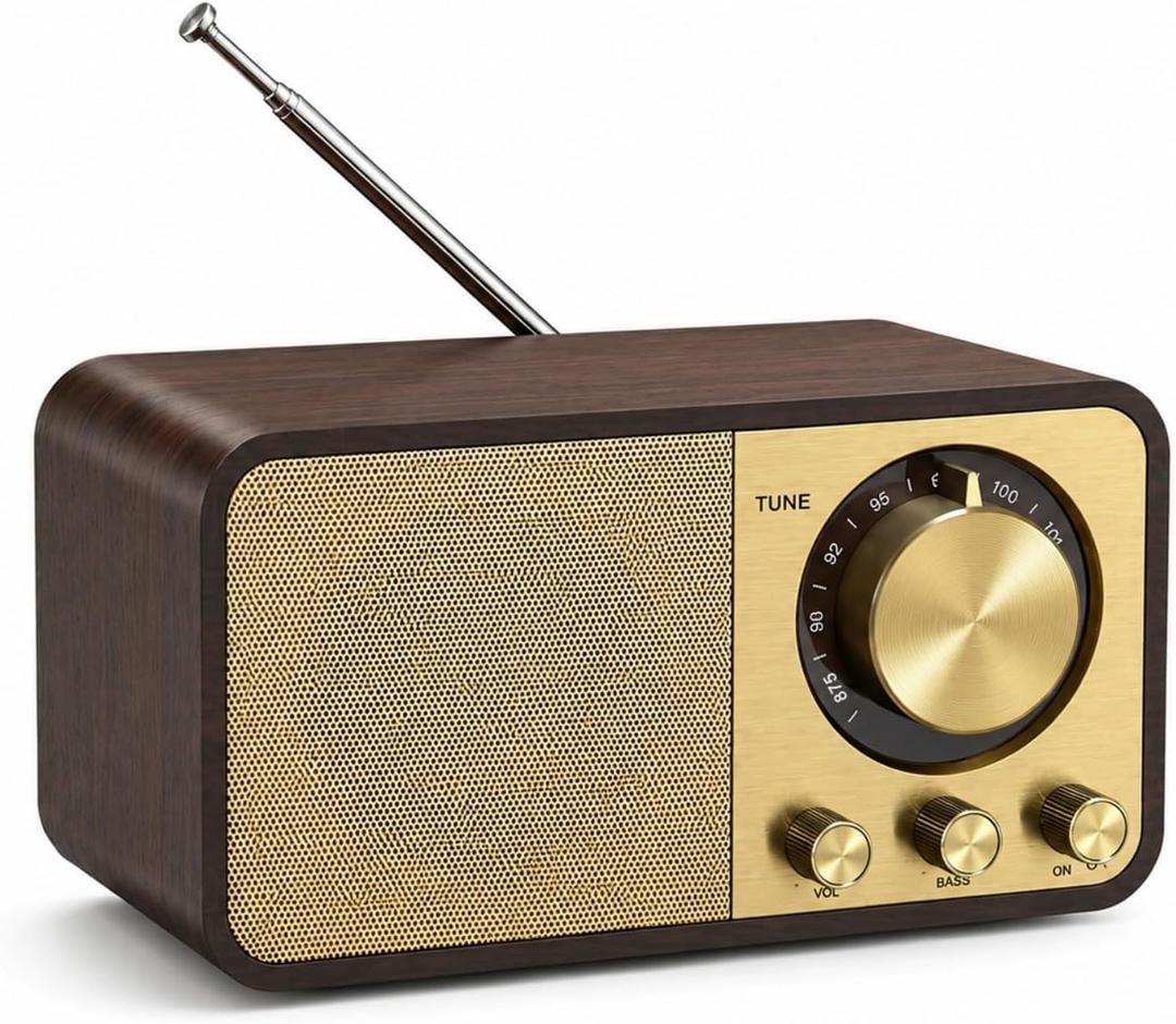 Vintage Wood Bluetooth Speaker,1500mAh Rechargeable Portable Radio with Rotary Built-in FM Antenna,Bass & Treble Control,Retro Radio Bluetooth Speaker for Home Kitchens and Living RoomsBrown