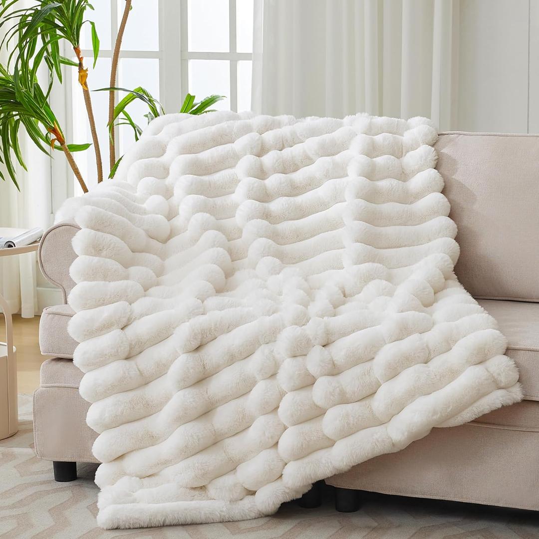VFROO Faux Fur Throw Blanket for Couch,Cozy Soft Plush Thick Striped Luxury Blanket for Sofa Living Room Bedroom,50 * 60 Inches, White