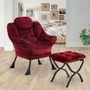 Lazy Chair with Folding Ottoman,Leisure Sofa Chair,Soft Fabric Armchair with Armrests and Side Pockets, Reading Chair with Footrest for Living Room, Bedroom, Office (Plush Red), 33.5 x 22.8 x 38.6 