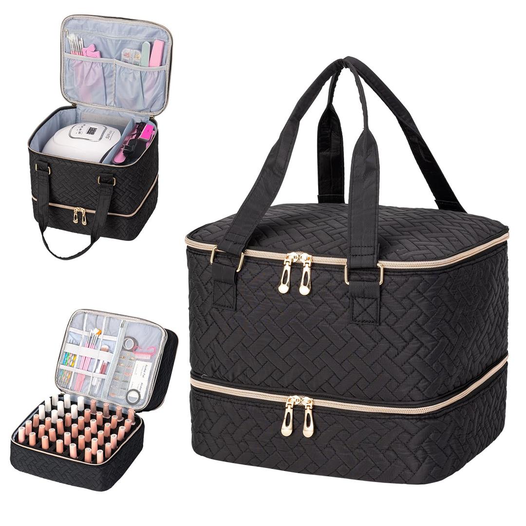 Nail Polish Organizer, Double Layer Storage Bag Gel Nail Polish Carrying Case Holds 42 Bottles with Nail Dryer Lamp Portable Manicure kit supplies Organizer (quilted)