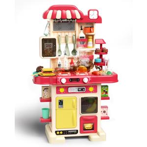 Kitchen Playset for Boys & Girls, Kid Play Kitchen with Realistic Lights & Sounds, Spray Sink Toy Kitchen Accessories, Pretend Food Toys Kitchen for Toddlers Age 1-3(Red)