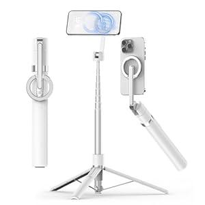 TONEOF 68" Magnetic Selfie Stick Tripod with Aluminum Strong Magnetic Holder for Magsafe, 360 Rotatable Travel Phone Tripod Stand with Metal Ring & Rechargeable Remote for iPhone/AndroidWhite
