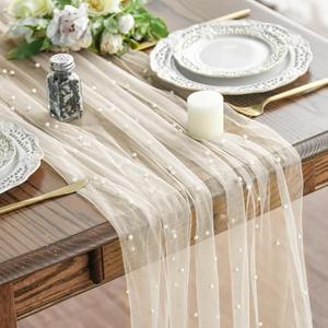 Artoid Mode Pearl Beige Gauze Table Runner 120 Inch 10FT, Seasonal Sheer Dining Holiday Wedding Birthday Baby Shower Table Decor for Home Party