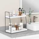 Forbena 2 Tier Bathroom Counter Organizer, White and Grey Coffee Bar Organizer for Countertop, Wood Shelf Tray for Vanity Makeup Storage, Small Kitchen Sink Top Organizers for Coffee Bar Station